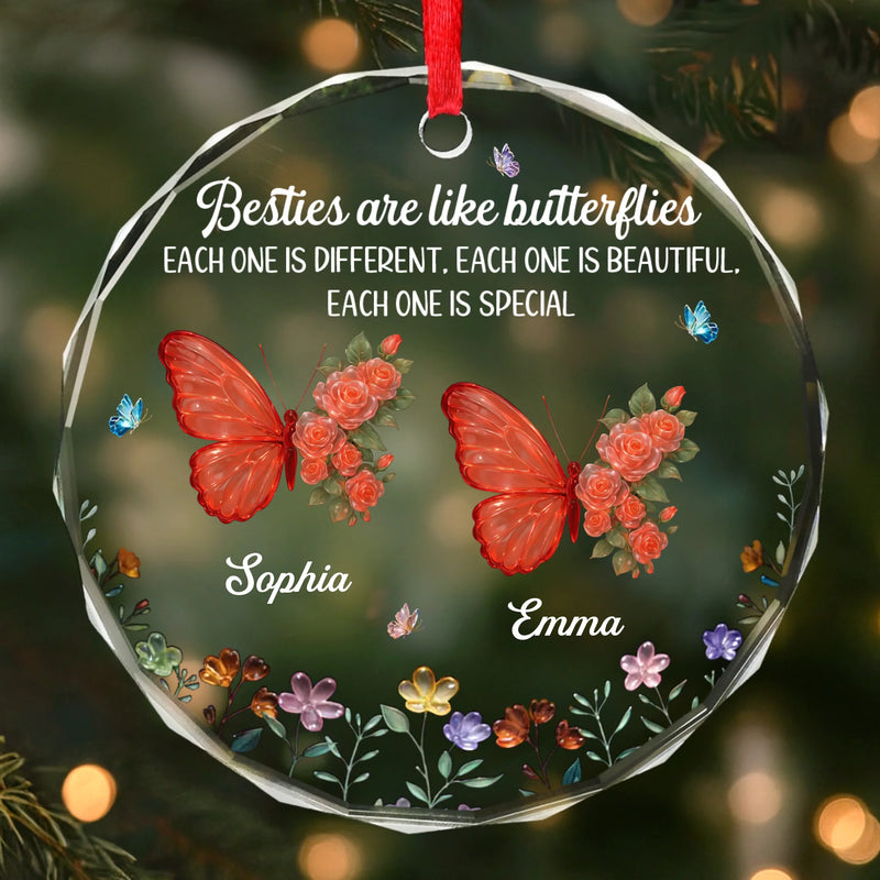 Custom Circle Glass Ornament - Personalized Best Friend Christmas Birthday Gifts For Women, Besties, Sisters, BFF - Butterflies Bless Our Friendship