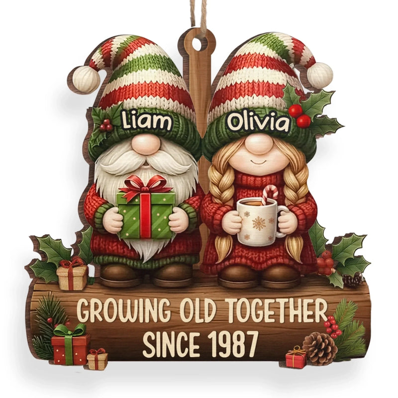 Custom Gnome Wood Ornament - Personalized Anniversary Christmas Wedding Gifts For Husband And Wife, Him And Her - Growing Old Together