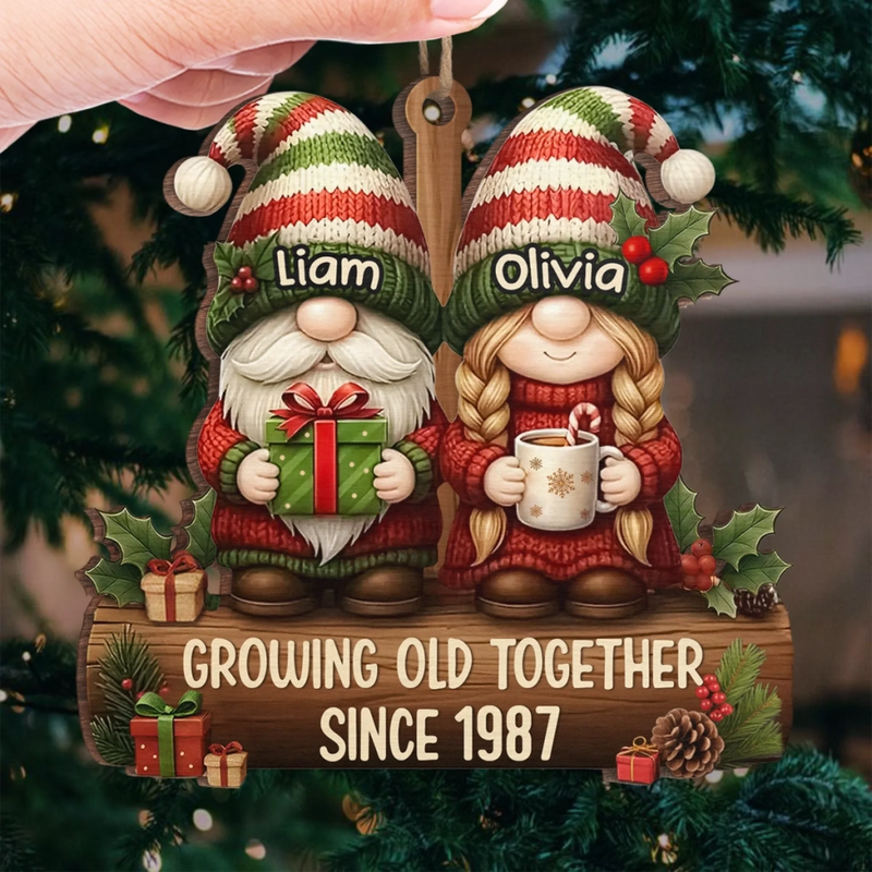 Custom Gnome Wood Ornament - Personalized Anniversary Christmas Wedding Gifts For Husband And Wife, Him And Her - Growing Old Together