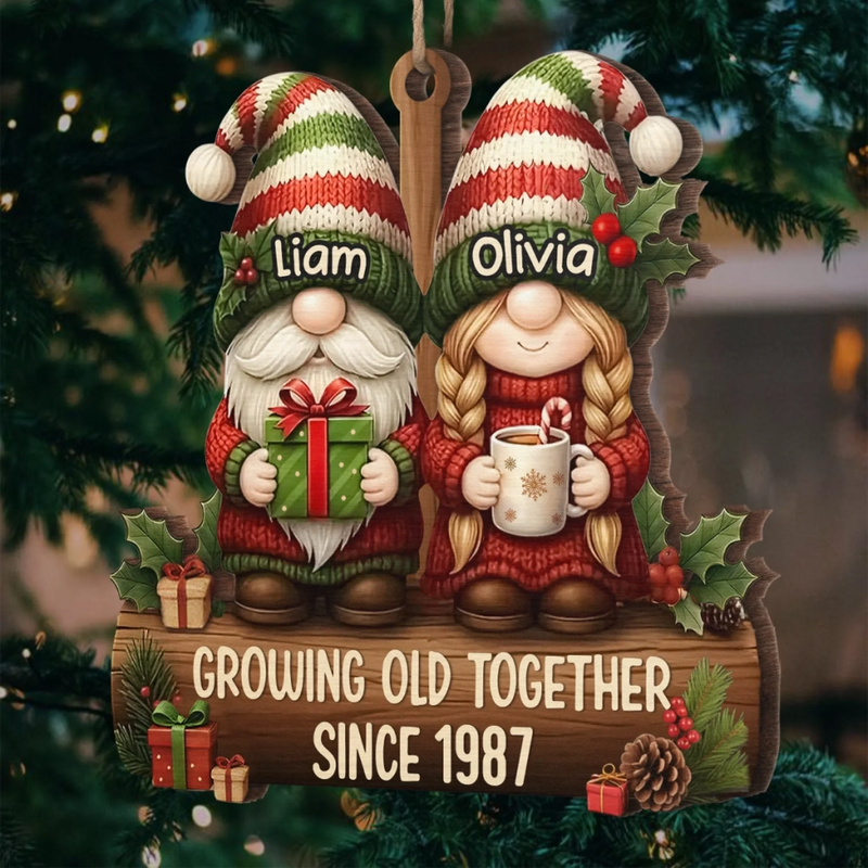 Custom Gnome Wood Ornament - Personalized Anniversary Christmas Wedding Gifts For Husband And Wife, Him And Her - Growing Old Together