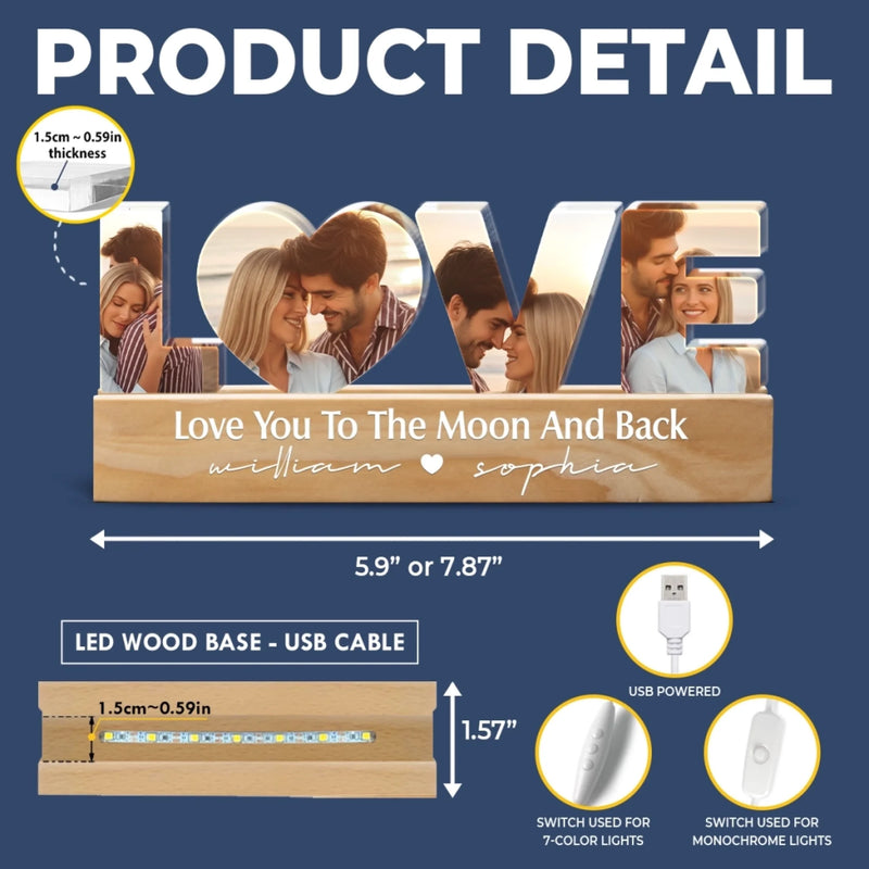 Custom Photo Acrylic LED Night Light - Personalized Anniversary Christmas Wedding Gifts For Husband And Wife, Him And Her - Love You To The Moon And Back