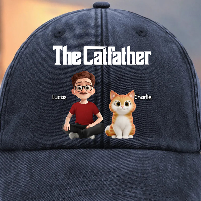 Custom Vintage Washed Denim Baseball Cap - Personalized Birthday Gifts For Cat Lovers, Cat Mom And Dad - Feline Father Figure