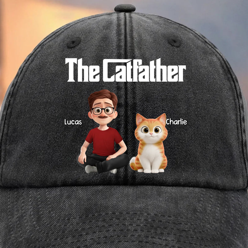 Custom Vintage Washed Denim Baseball Cap - Personalized Birthday Gifts For Cat Lovers, Cat Mom And Dad - Feline Father Figure