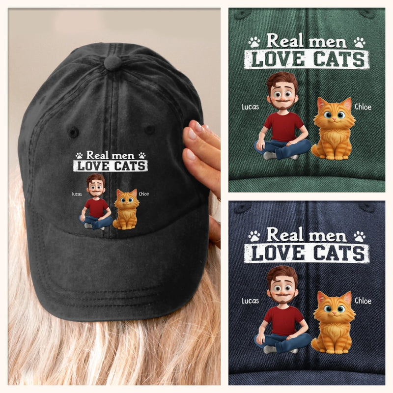 Custom Vintage Washed Denim Baseball Cap - Personalized Birthday Gifts For Cat Lovers, Cat Mom And Dad - Cool Guys Love Kitties