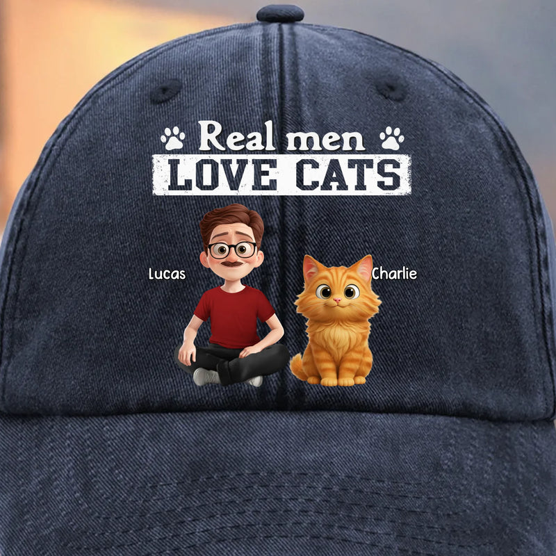 Custom Vintage Washed Denim Baseball Cap - Personalized Birthday Gifts For Cat Lovers, Cat Mom And Dad - Cool Guys Love Kitties
