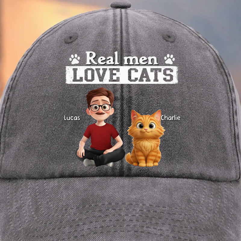 Custom Vintage Washed Denim Baseball Cap - Personalized Birthday Gifts For Cat Lovers, Cat Mom And Dad - Cool Guys Love Kitties