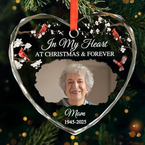 Custom Photo Heart Glass Ornament - Personalized Christmas Memorial Sympathy Gifts For Loss Of Mom, Dad - In Our Hearts At Christmas & Forever