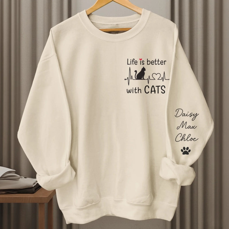 Custom Unisex Sweatshirt, Hoodie With Design On Sleeve - Personalized Christmas Birthday Gifts For Cat Lovers, Cat Mom And Dad - My Therapist Has Whiskers