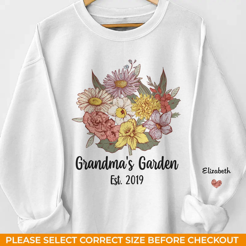 Each Flower Tells A Story, Every Name Holds Love - Family Personalized Custom Unisex Sweatshirt, Hoodie With Design On Sleeve - Mother's Day, Gift For Mom, Grandma