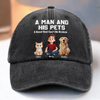 Custom Vintage Washed Denim Baseball Cap US - Personalized Birthday Gifts For Dog Cat Lovers, Dog Dad And Mom, Cat Owners - A Man And His Squad