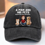 Custom Vintage Washed Denim Baseball Cap US - Personalized Birthday Gifts For Dog Cat Lovers, Dog Dad And Mom, Cat Owners - A Man And His Squad