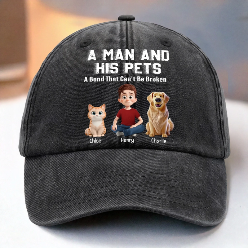 Custom Vintage Washed Denim Baseball Cap US - Personalized Birthday Gifts For Dog Cat Lovers, Dog Dad And Mom, Cat Owners - A Man And His Squad