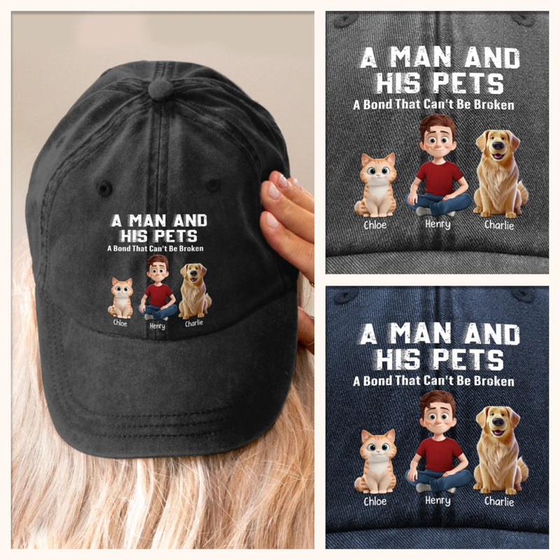Custom Vintage Washed Denim Baseball Cap US - Personalized Birthday Gifts For Dog Cat Lovers, Dog Dad And Mom, Cat Owners - A Man And His Squad