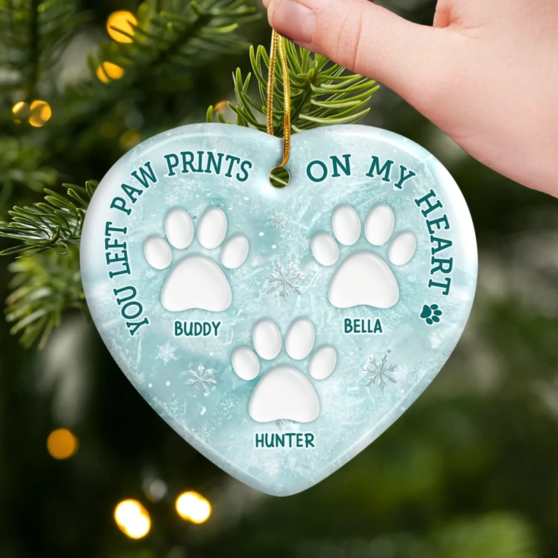 Custom Ceramic Ornament - Personalized Pet Christmas Memorial Sympathy Gifts For Dogs, Cats - Paws In Hearts Forever Loved