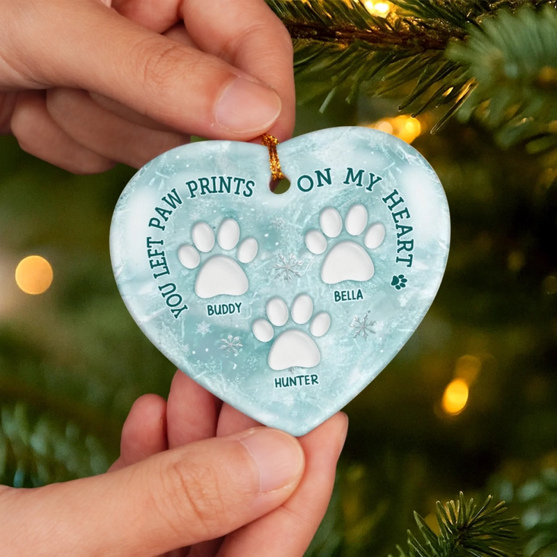Custom Ceramic Ornament - Personalized Pet Christmas Memorial Sympathy Gifts For Dogs, Cats - Paws In Hearts Forever Loved