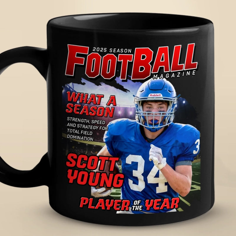 Custom Photo Magazine Black Mug - Personalized Christmas Birthday American Football Gifts For Football Lovers, Sports Fans, Sports Lovers - Game On, Greatness In Motion