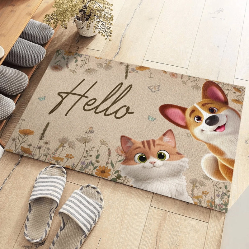 Custom Home Decor Decorative Mat - Personalized Birthday Gifts For Dog Cat Lovers, Dog Dad And Mom, Cat Owners - Welcome To Our Happy Place