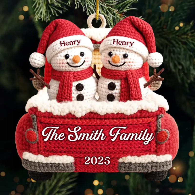 Custom Crochet Snowman Acrylic Ornament - Personalized Christmas Birthday Gifts For Mom, Dad, Brother, Sister, Kids - Our Family Our Treasure
