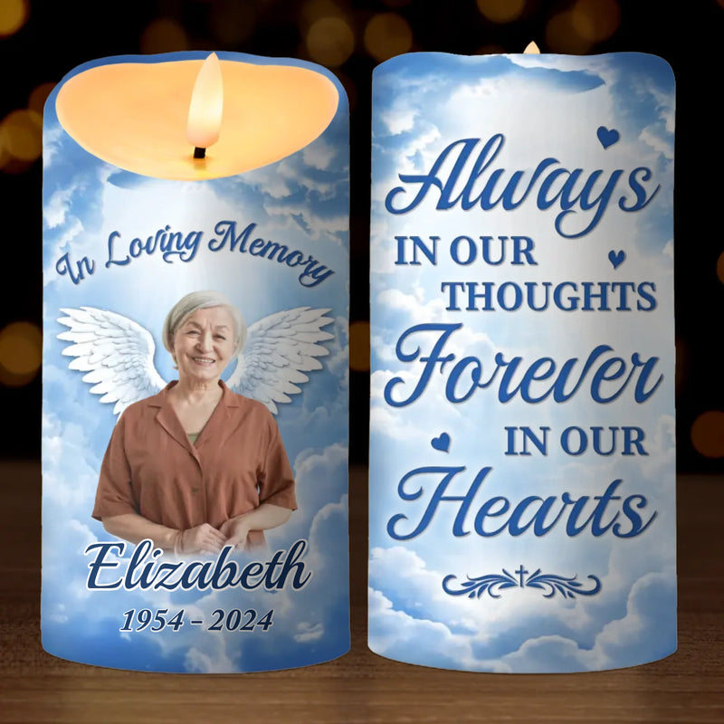 Custom Photo Always In Our Thoughts, Forever In Our Hearts - Memorial Personalized Custom LED Candle - Sympathy Gift, Christmas Gift For Family Members