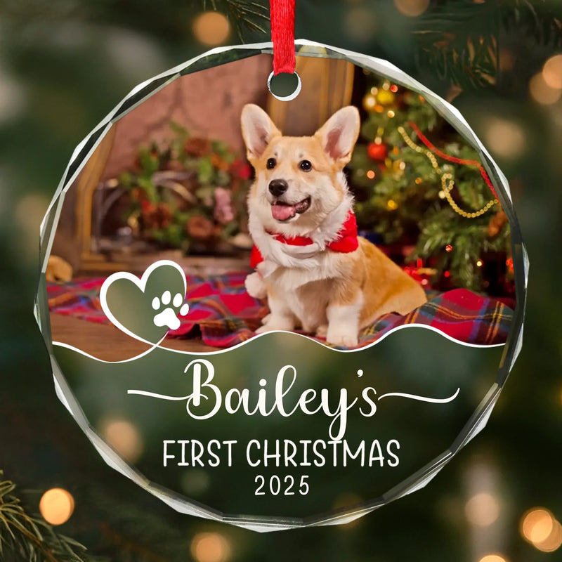 Custom Photo First Christmas Pet Glass Ornament - Personalized Christmas Birthday Gifts For Dog Lovers, Cat Lovers, Pet Dad And Mom, New Pet Ornament - Santa’s New Pup Helper