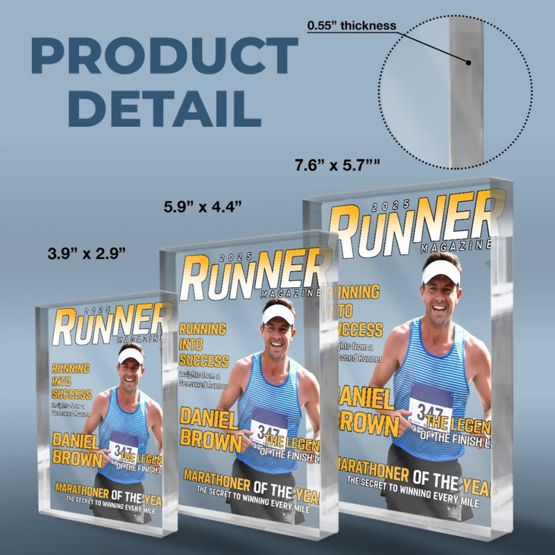 Custom Photo Magazine Rectangle Shaped Acrylic Plaque - Personalized Birthday Running Gifts For Running Lovers, Sports Fans, Sports Lovers - Hustle In Every Stride