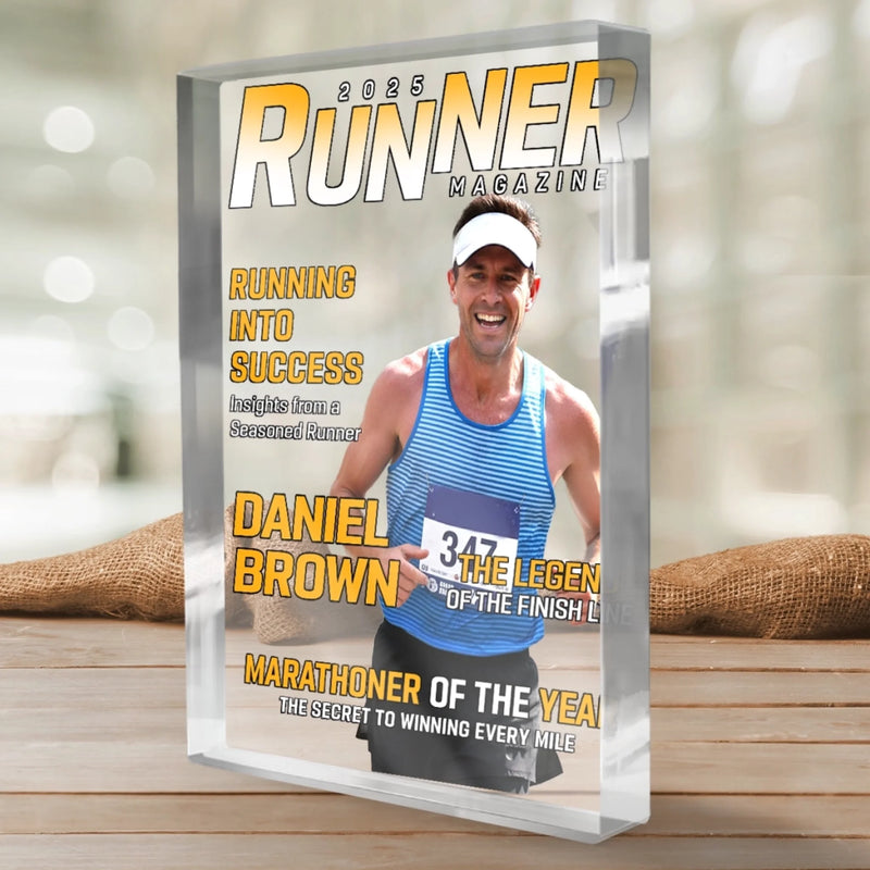 Custom Photo Magazine Rectangle Shaped Acrylic Plaque - Personalized Birthday Running Gifts For Running Lovers, Sports Fans, Sports Lovers - Hustle In Every Stride