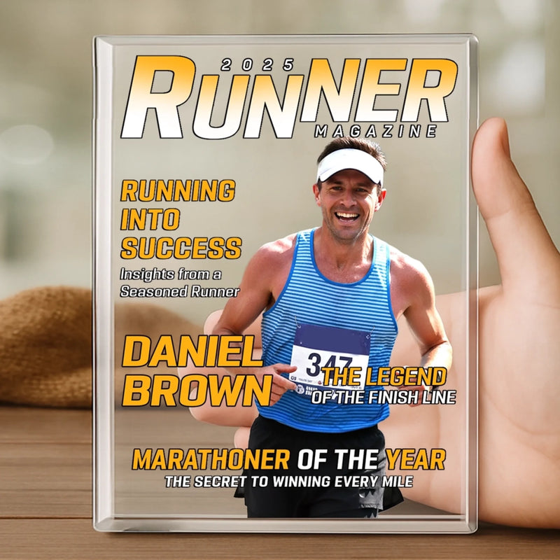 Custom Photo Magazine Rectangle Shaped Acrylic Plaque - Personalized Birthday Running Gifts For Running Lovers, Sports Fans, Sports Lovers - Hustle In Every Stride