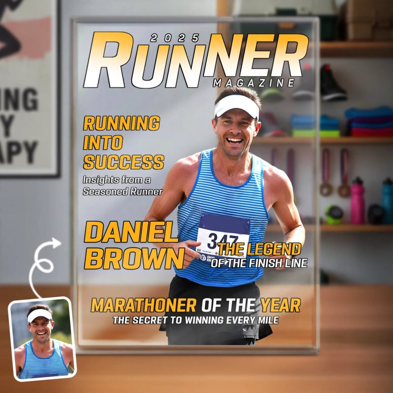 Custom Photo Magazine Rectangle Shaped Acrylic Plaque - Personalized Birthday Running Gifts For Running Lovers, Sports Fans, Sports Lovers - Hustle In Every Stride