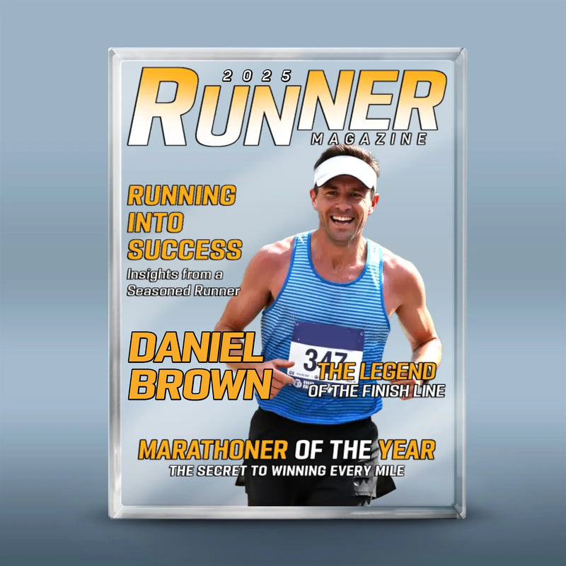 Custom Photo Magazine Rectangle Shaped Acrylic Plaque - Personalized Birthday Running Gifts For Running Lovers, Sports Fans, Sports Lovers - Hustle In Every Stride