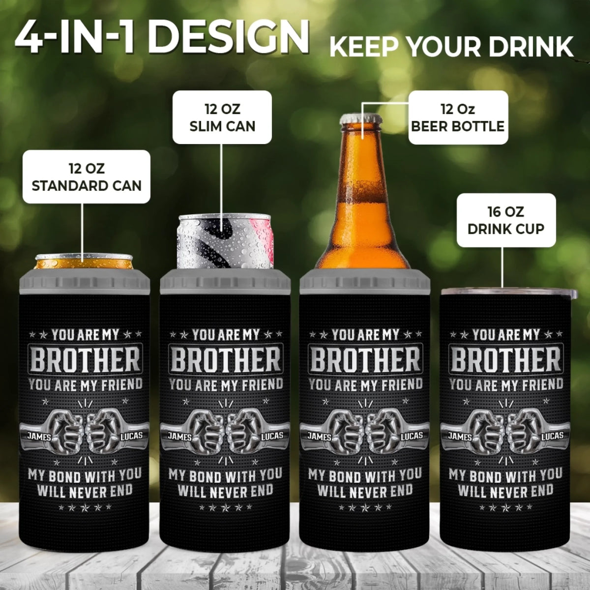 Custom 4 In 1 Can Cooler Tumbler - Personalized Birthday Gifts For Brother - Bound By Blood, Backed By Trust