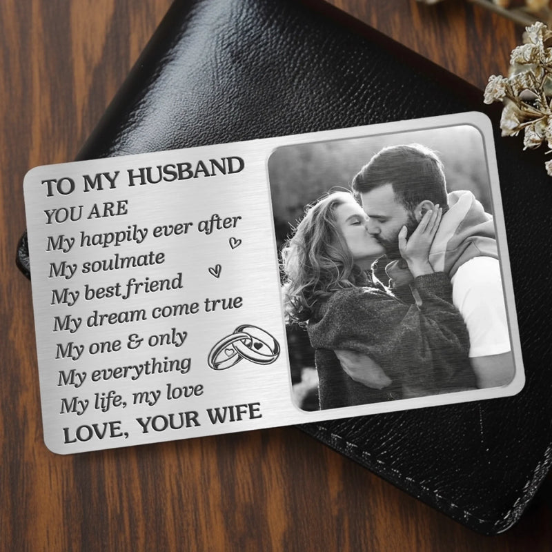 Custom Photo Aluminum Wallet Card - Personalized Anniversary Wedding Gifts For Husband And Wife, Him And Her - Our Hearts Stay In Sync