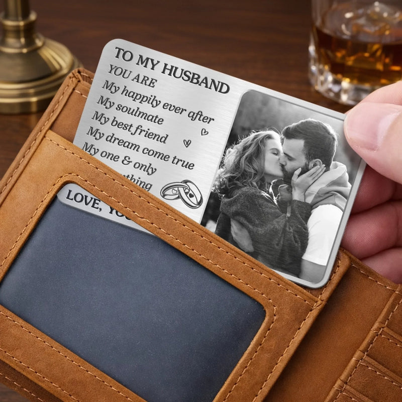 Custom Photo Aluminum Wallet Card - Personalized Anniversary Wedding Gifts For Husband And Wife, Him And Her - Our Hearts Stay In Sync