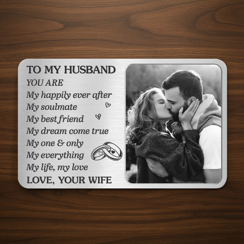 Custom Photo Aluminum Wallet Card - Personalized Anniversary Wedding Gifts For Husband And Wife, Him And Her - Our Hearts Stay In Sync