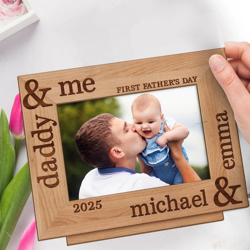 Custom Photo Our First Fathers Day Together - Family Personalized Custom Shaped 2-Layered Wooden Plaque With Flat Stand - Father's Day, Baby Shower Gift, Gift For First Dad, Baby Kids, Newborn Baby