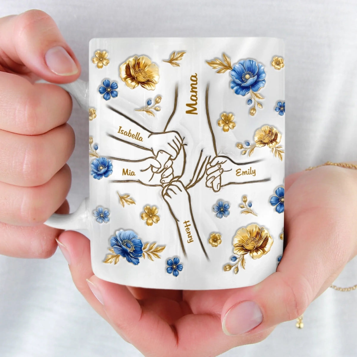 Custom 3D Inflated Effect Printed Mug - Personalized Mother's Day Gifts For Mom, Grandma - Hands Linked By Love