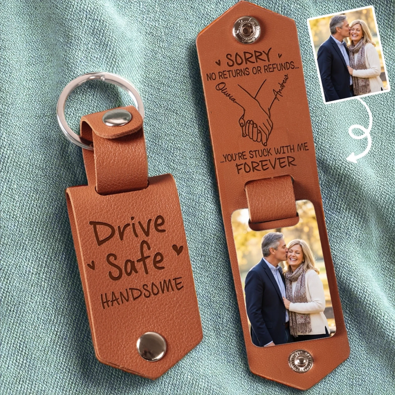 Custom Photo Engraved Leather Keychain - Personalized Anniversary Wedding Gifts For Husband And Wife, Him And Her  - Love Grows Where We Belong