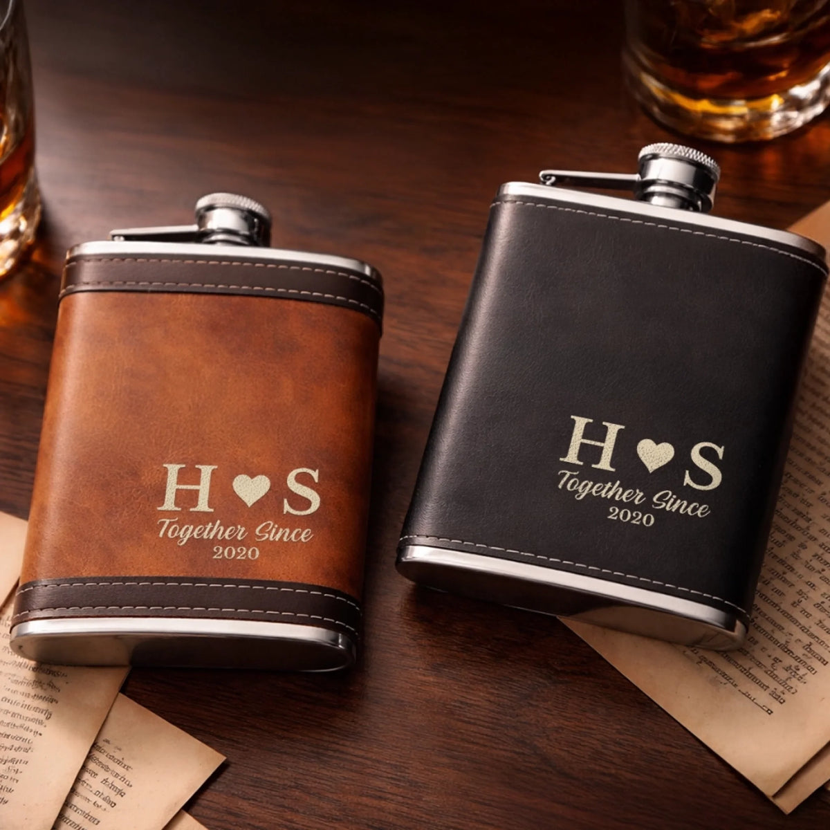 Custom Hip Flask Set - Personalized Anniversary Wedding Gifts For Husband And Wife, Him And Her - Our Love Moves Gently
