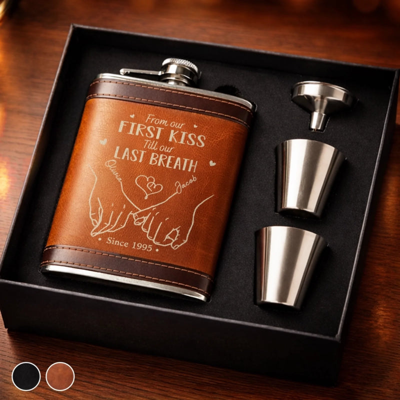 Custom Hip Flask Set - Personalized Anniversary Wedding Gifts For Husband And Wife, Him And Her - Together We Stay Soft