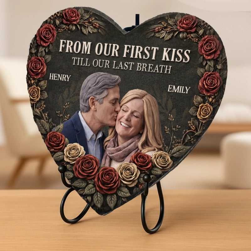 Custom Photo Heart Shaped Stone With Stand - Personalized Anniversary Wedding Gifts For Husband And Wife, Him And Her - Love Carried Us Through Life