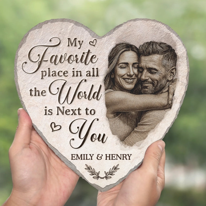 Custom Photo Heart Shaped Stone With Stand - Personalized Anniversary Wedding Gifts For Husband And Wife, Him And Her - One Kiss, A Lifetime