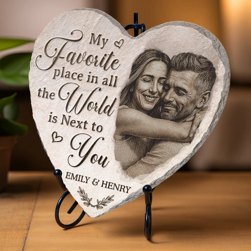 Custom Photo Heart Shaped Stone With Stand - Personalized Anniversary Wedding Gifts For Husband And Wife, Him And Her - One Kiss, A Lifetime