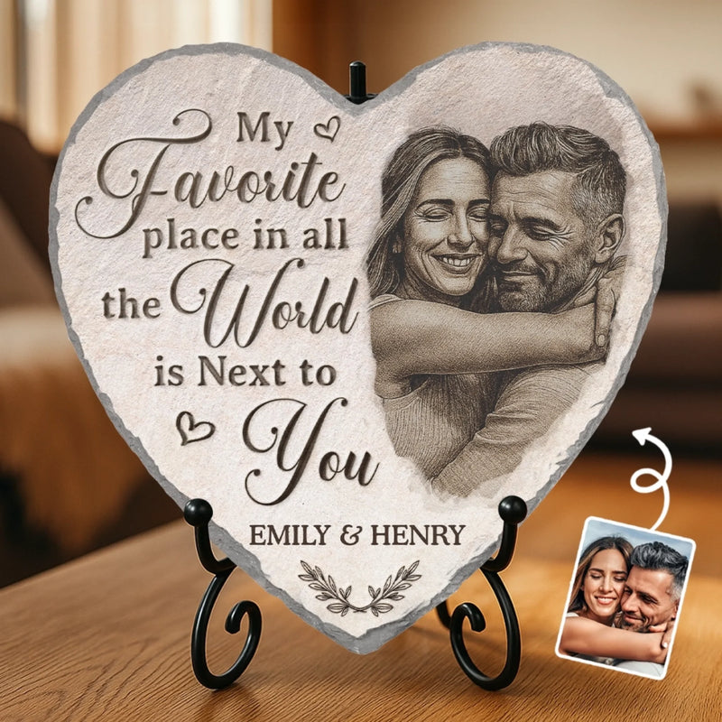 Custom Photo Heart Shaped Stone With Stand - Personalized Anniversary Wedding Gifts For Husband And Wife, Him And Her - One Kiss, A Lifetime