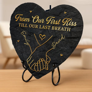 Custom Heart Shaped Stone With Stand - Personalized Anniversary Wedding Gifts For Husband And Wife, Him And Her - Hand In Hand Forever