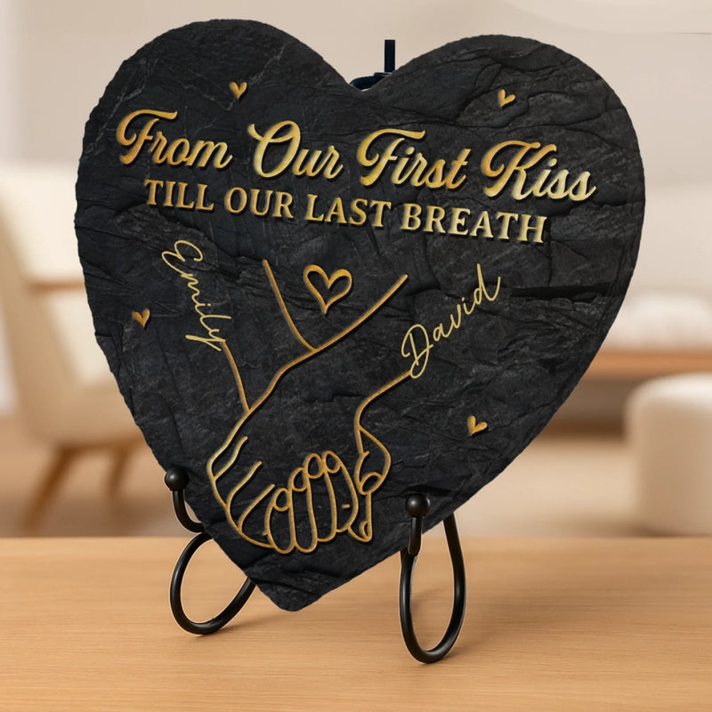 Custom Heart Shaped Stone With Stand - Personalized Anniversary Wedding Gifts For Husband And Wife, Him And Her - Hand In Hand Forever