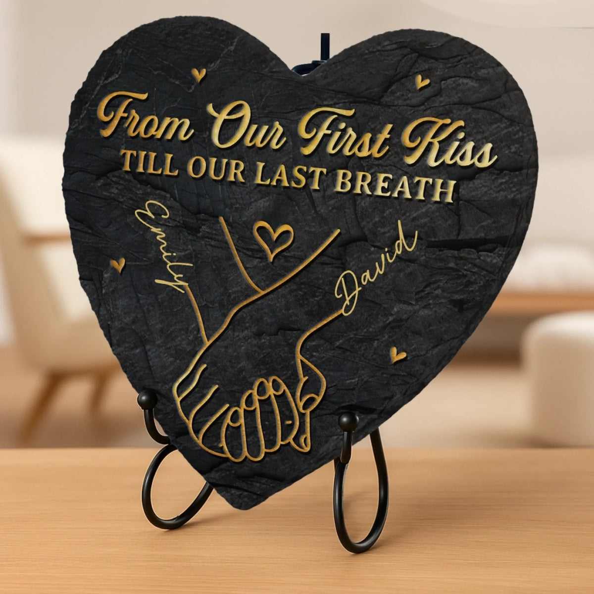 Custom Heart Shaped Stone With Stand - Personalized Anniversary Wedding Gifts For Husband And Wife, Him And Her - Hand In Hand Forever