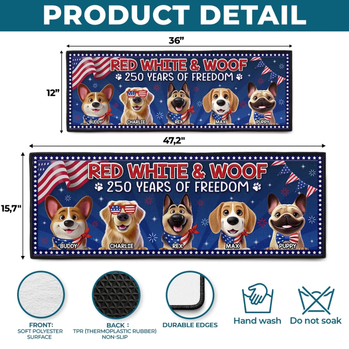 Custom Runner Rug - Personalized America 250th Anniversary Gifts For Dog Lovers, Dog Dad And Mom - Honoring Freedom