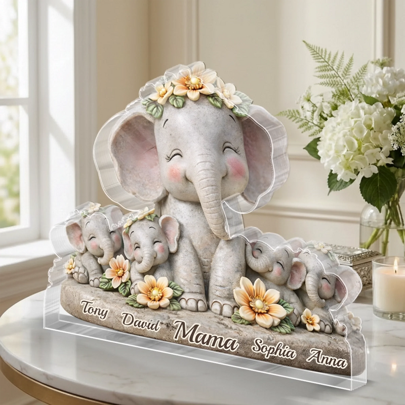Custom Elephant Acrylic Plaque - Personalized Mother's Day Birthday Gifts For Mom, Grandma - A Shelter Made Of Love