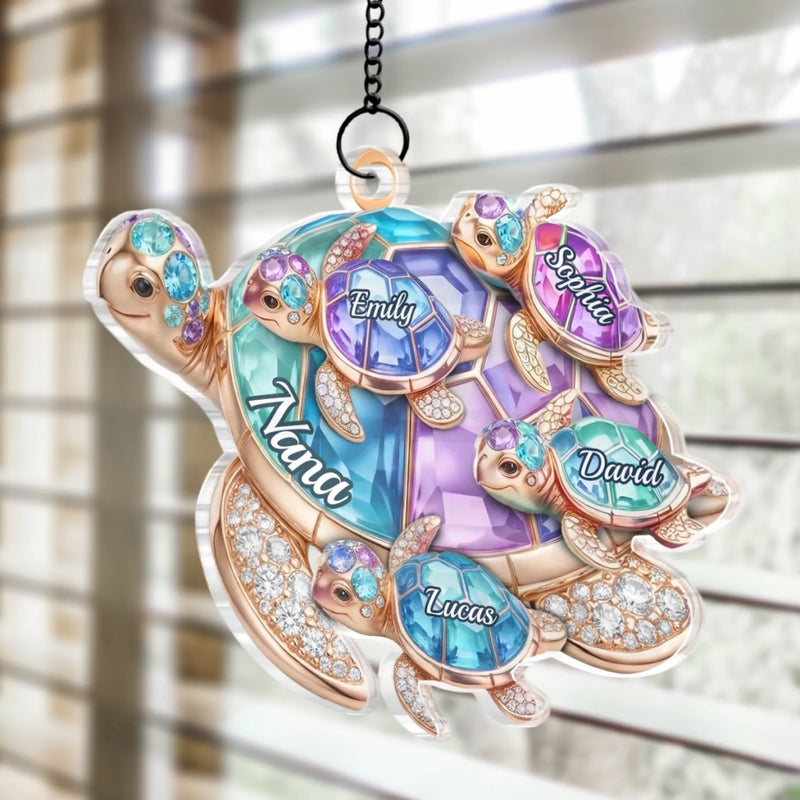 Custom Turtle Window Hanging Suncatcher Ornament - Personalized Mother's Day Birthday Gifts For Mom, Grandma - Love Across Every Wave