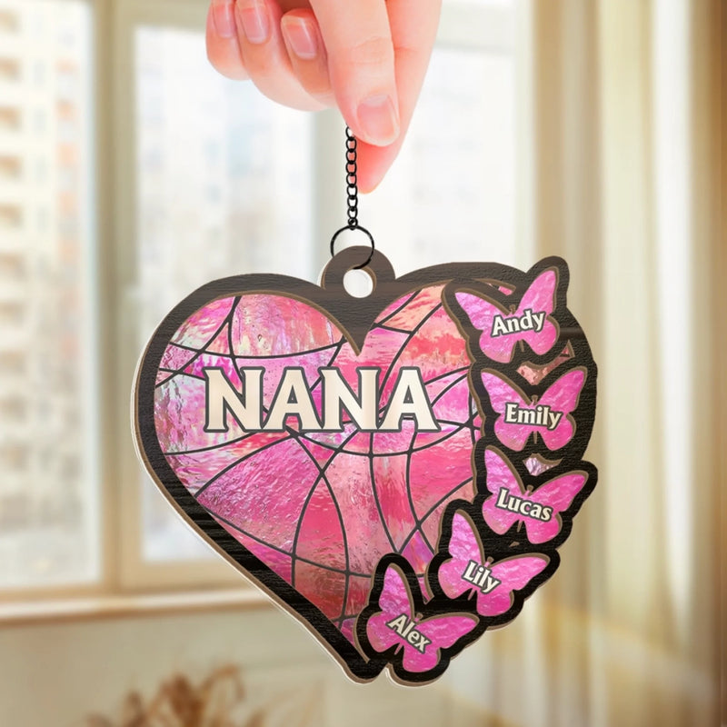 Custom Window Hanging Suncatcher Ornament - Personalized Mother's Day Birthday Gifts For Mom, Grandma - Nana’s Heart Belongs Here