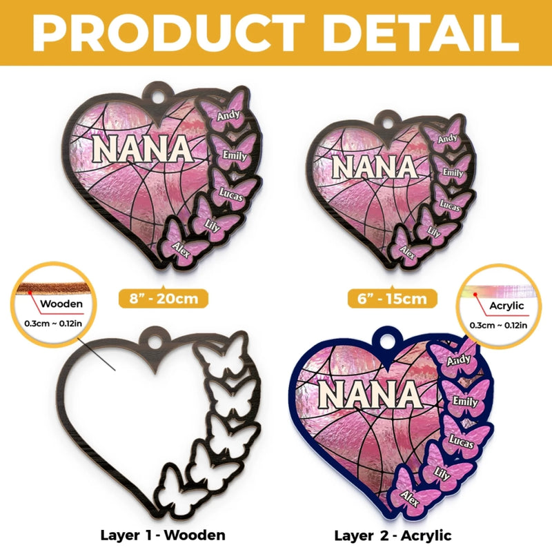 Custom Window Hanging Suncatcher Ornament - Personalized Mother's Day Birthday Gifts For Mom, Grandma - Nana’s Heart Belongs Here
